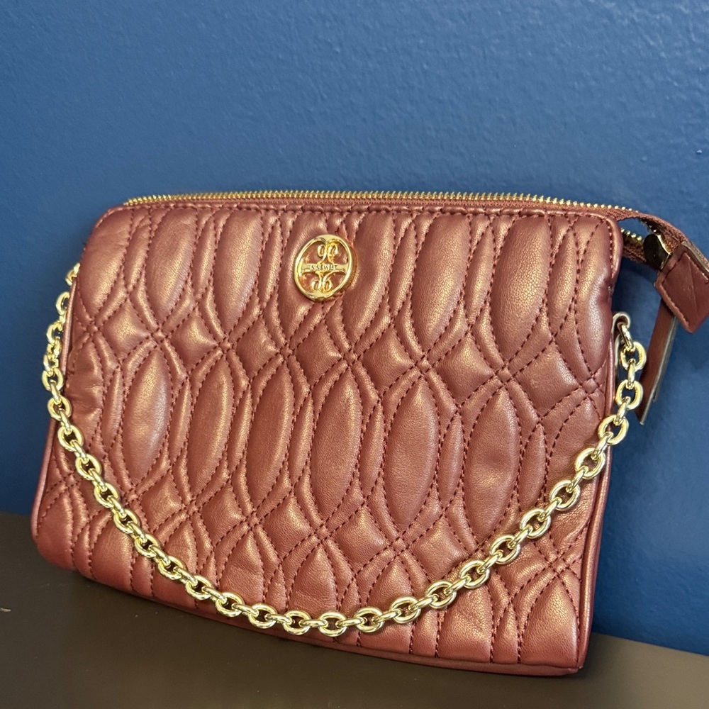 Nine West Burgundy Quilted Clutch with Gold Chain